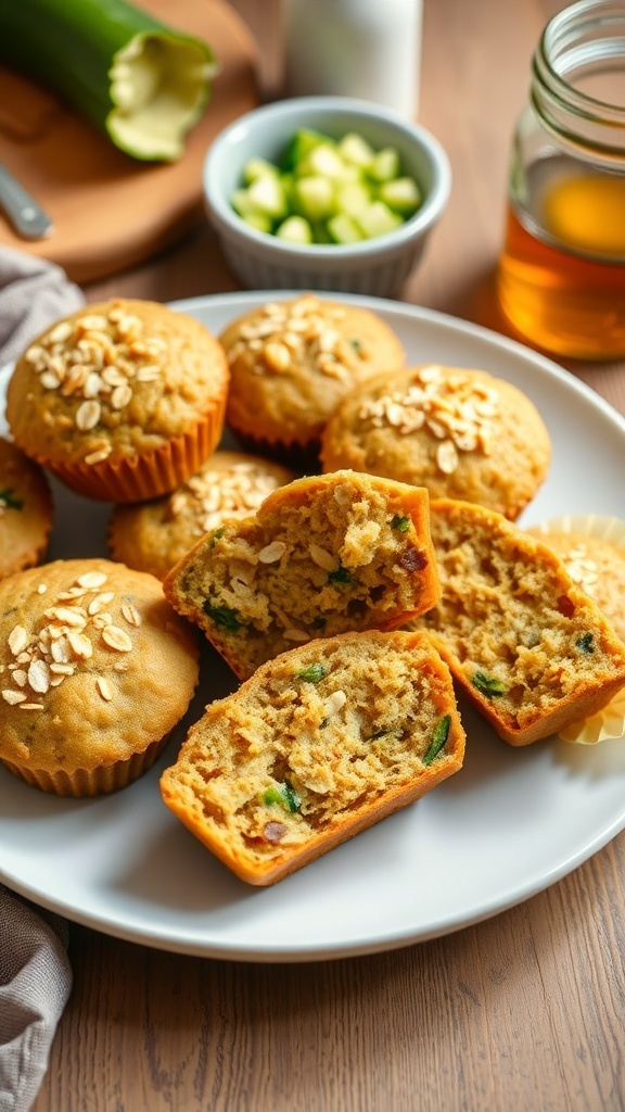 Freshly baked zucchini muffins on a plate, cut in half to show moist texture, with grated zucchini and honey in the background.